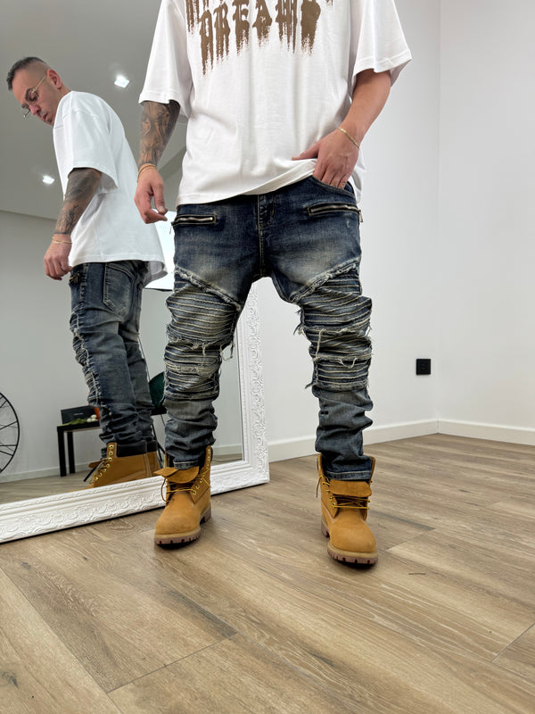 Denim Biker Blu Sabbiato Con Zip